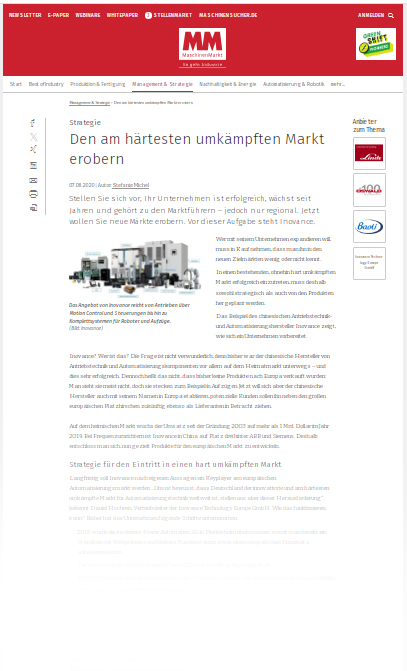 Стратегия компании Inovance - данная статья была впервые опубликована 07.08.2020 в Maschinenmarket – немецком инженерном отраслевом журнале.