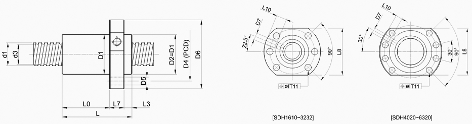 Шарико-винтовые передачи SBC серии SDH - схема, размеры, чертежи